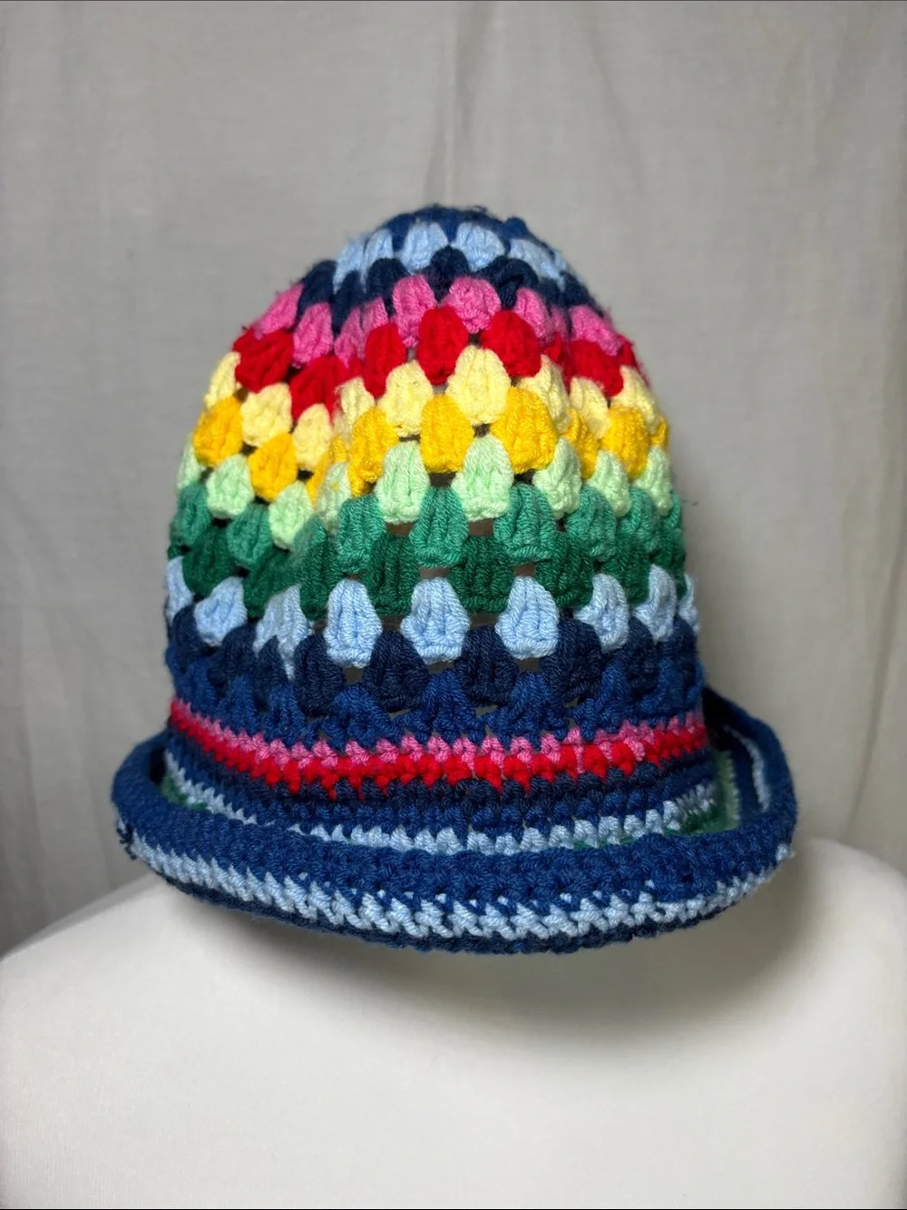 Handmade Multicolor Crochet Boho 70s Vibe Hippie Vibe Hat - Rainbow Stripes.